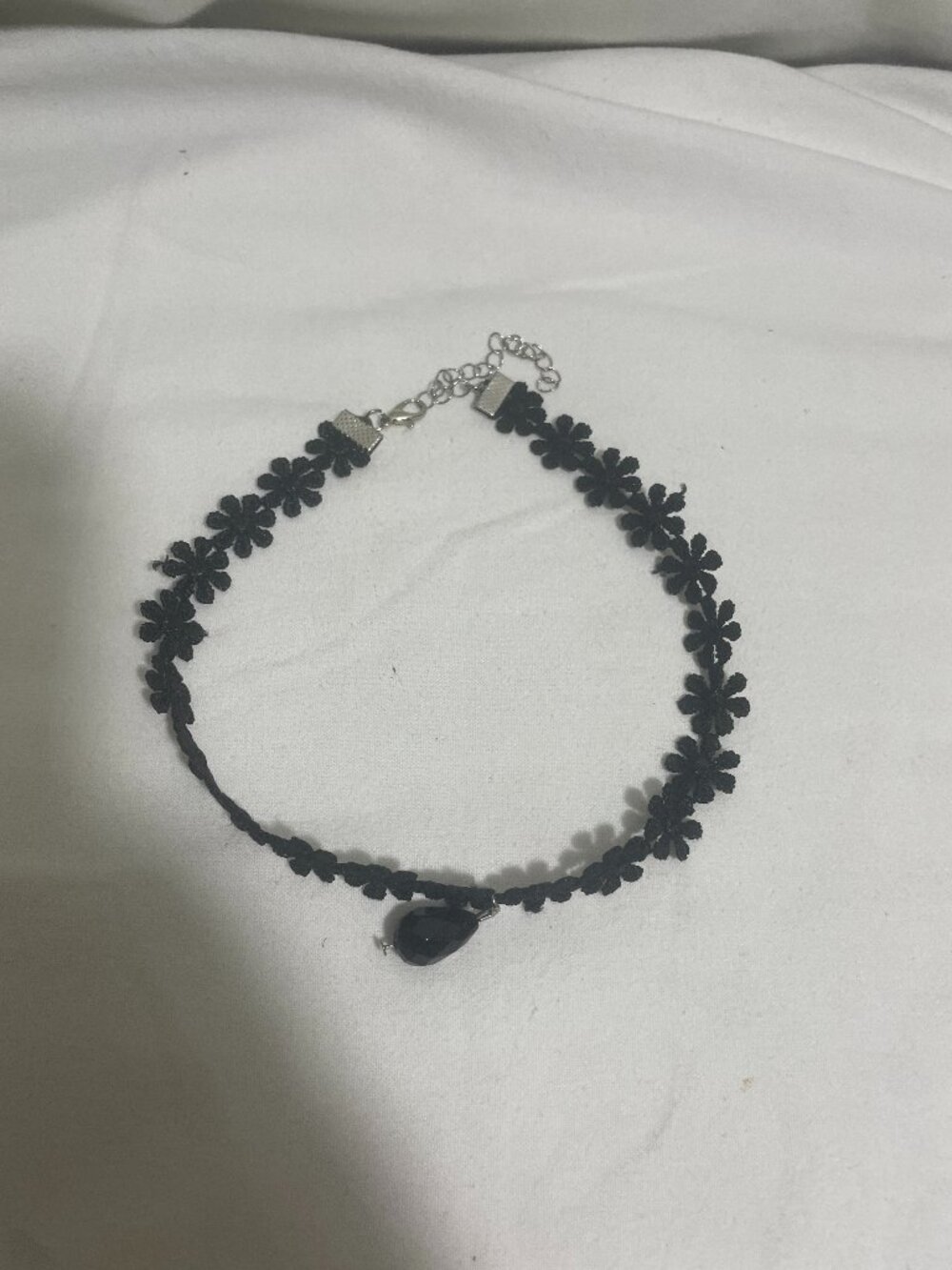 Black Floral Lace Choker Necklace Faceted Teardrop Pendant Gothic Adjustable